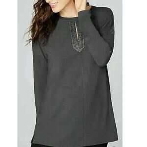 NWT J. Jill Beaded Sparkle Keyhole Flagstone Gray Tunic Top Sz Medium